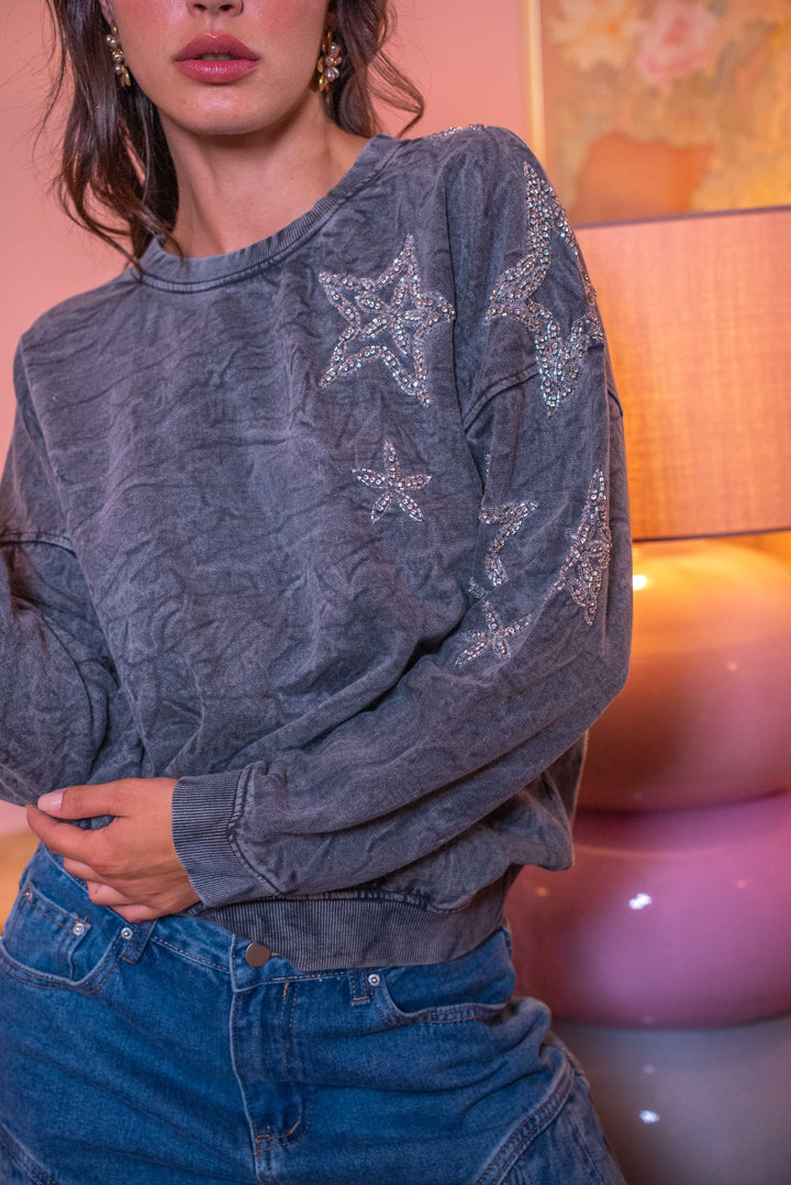 Sweat oversize à strass étoile Moon Taille unique / Gris