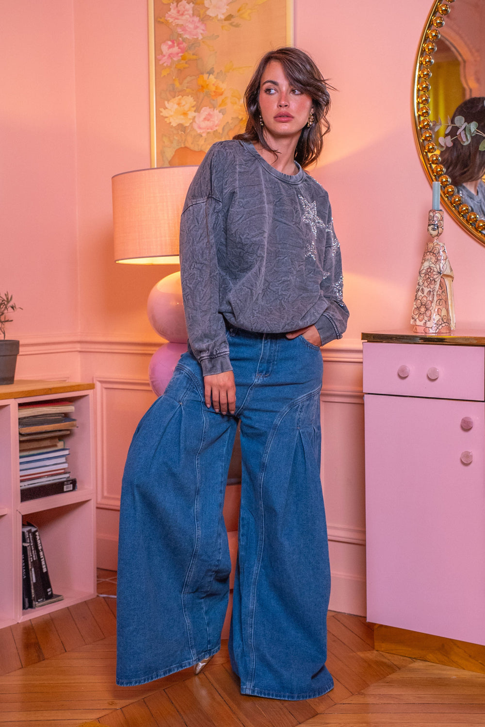 Sweat oversize à strass étoile Moon Taille unique / Gris