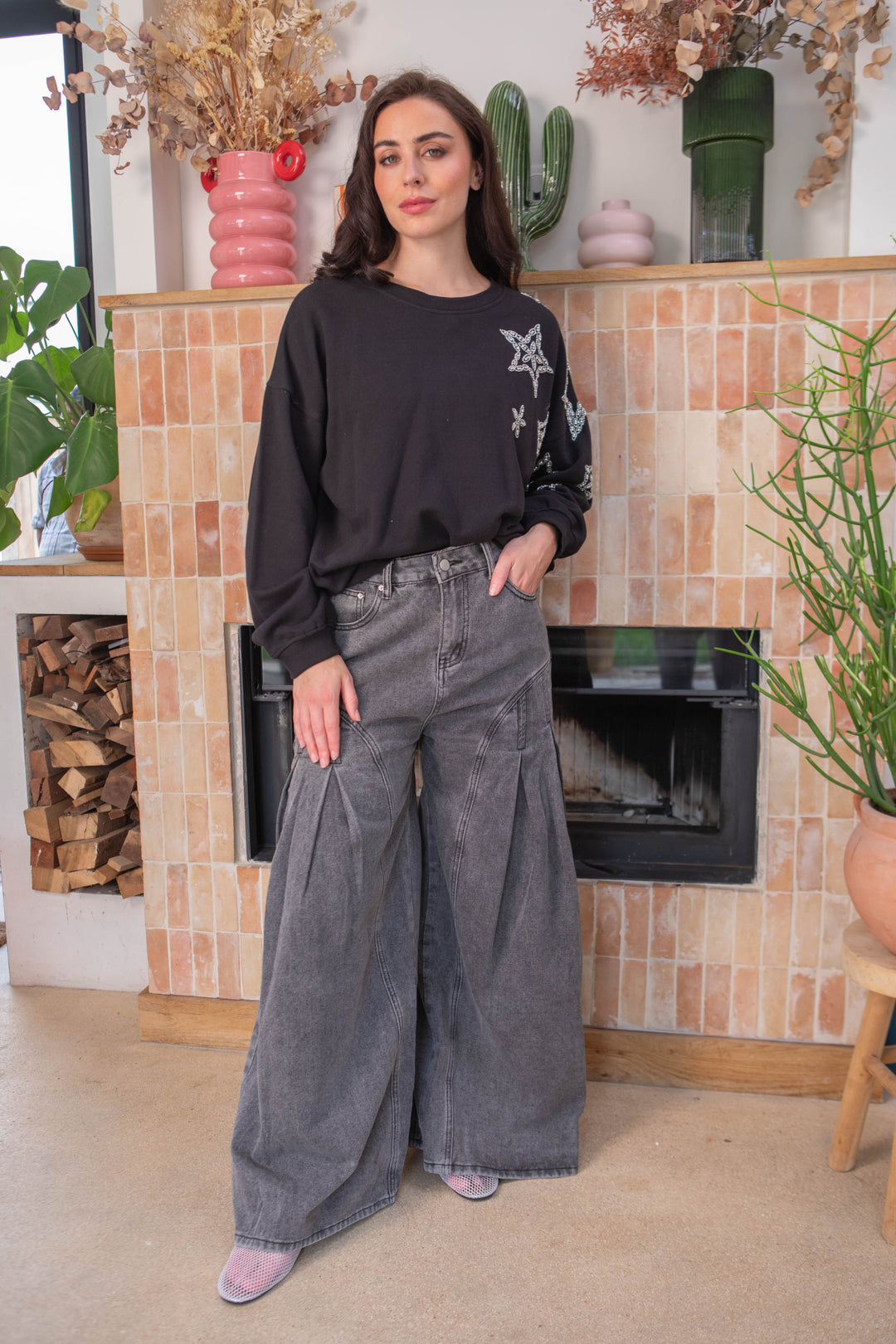 Sweat oversize à strass étoile Moon Taille unique / Noir