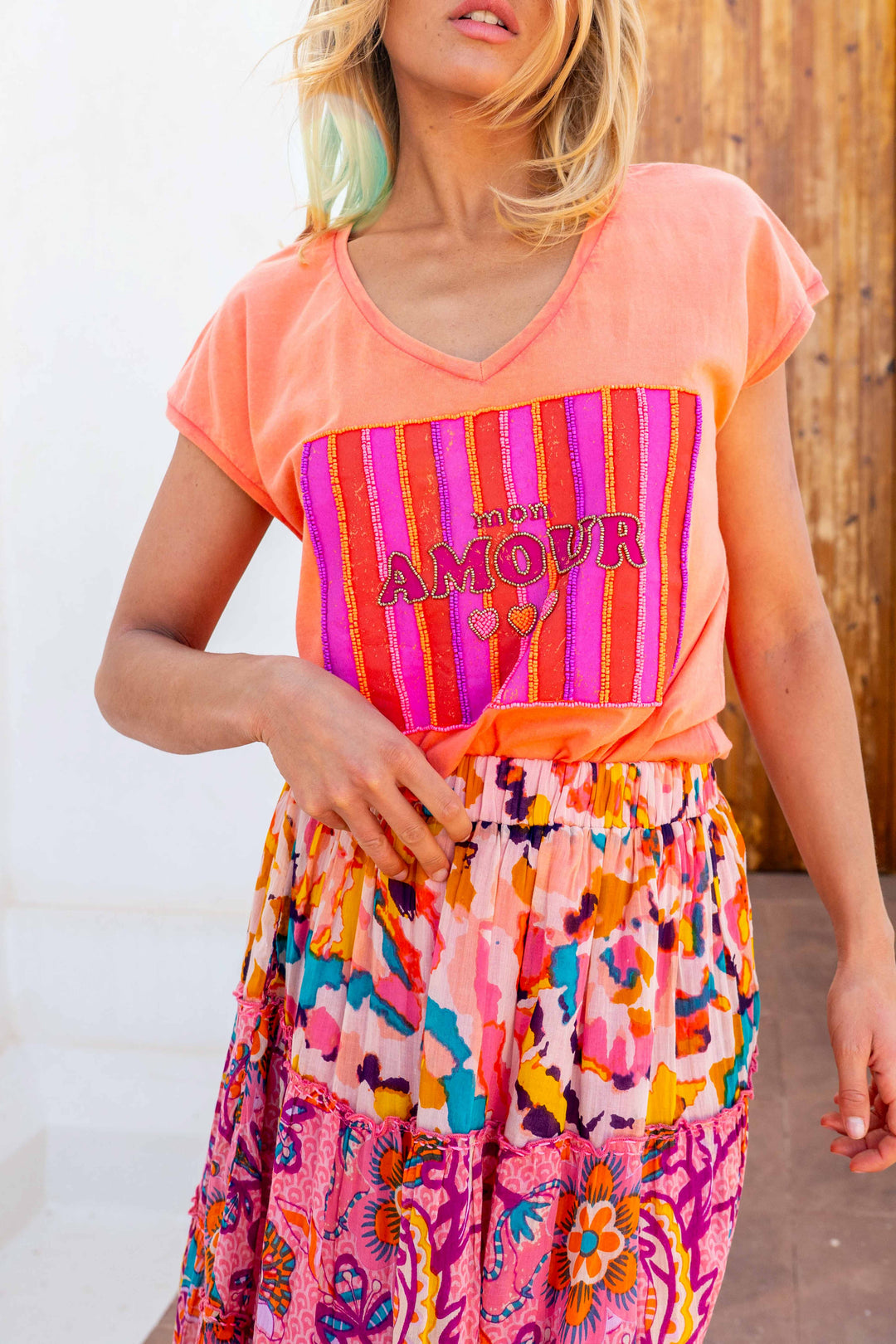T-shirt à rayures perlées Mona - Taille unique / Orange