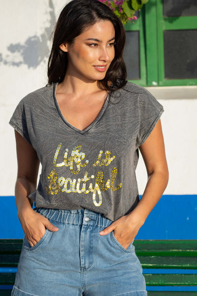 T-shirt à sequins Life is Beautiful - Taille unique / Gris