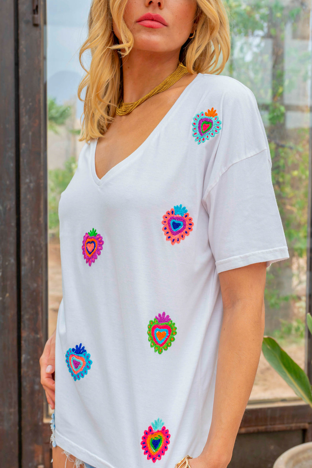 T-shirt brodé cœurs Mino - Taille unique: 36 au 42 / Ecru