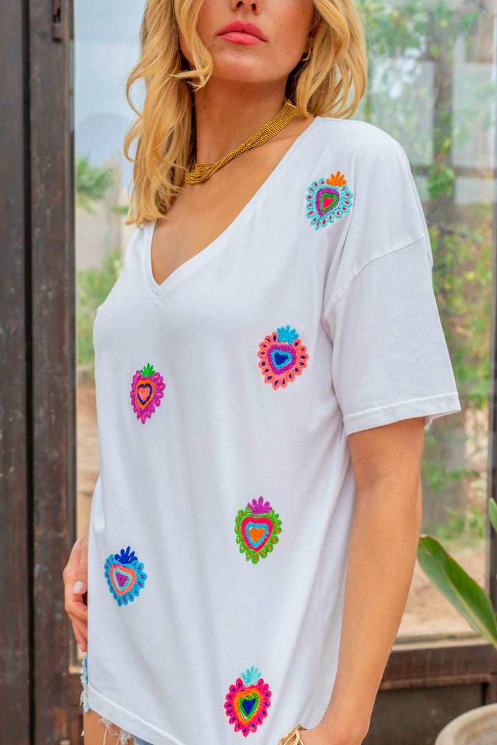 T-shirt brodé cœurs Mino - Taille unique: 36 au 42 / Ecru