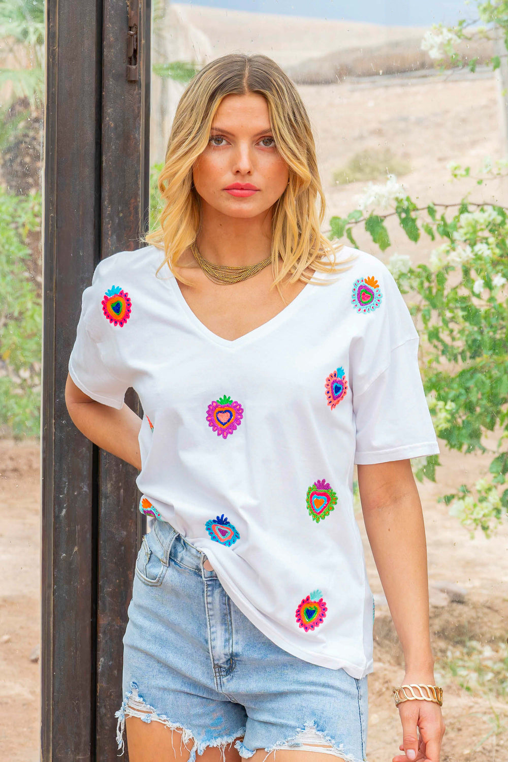 T-shirt brodé cœurs Mino - Taille unique: 36 au 42 / Ecru