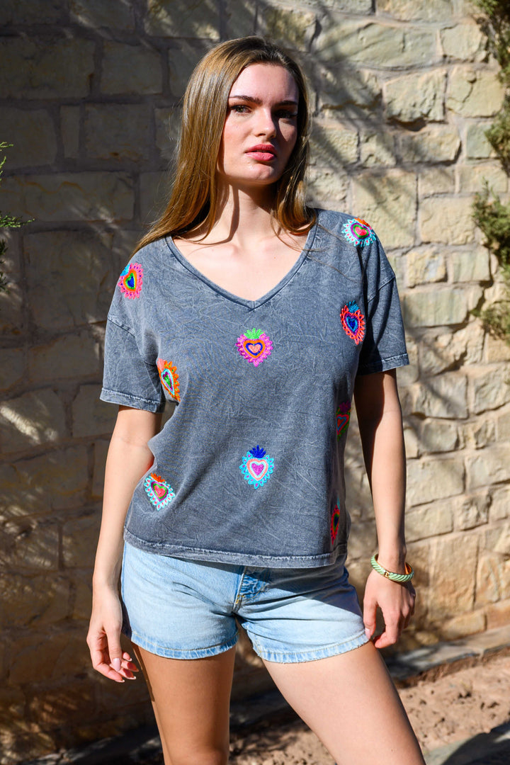 T-shirt brodé cœurs Mino - Taille unique: 36 au 42 / Gris