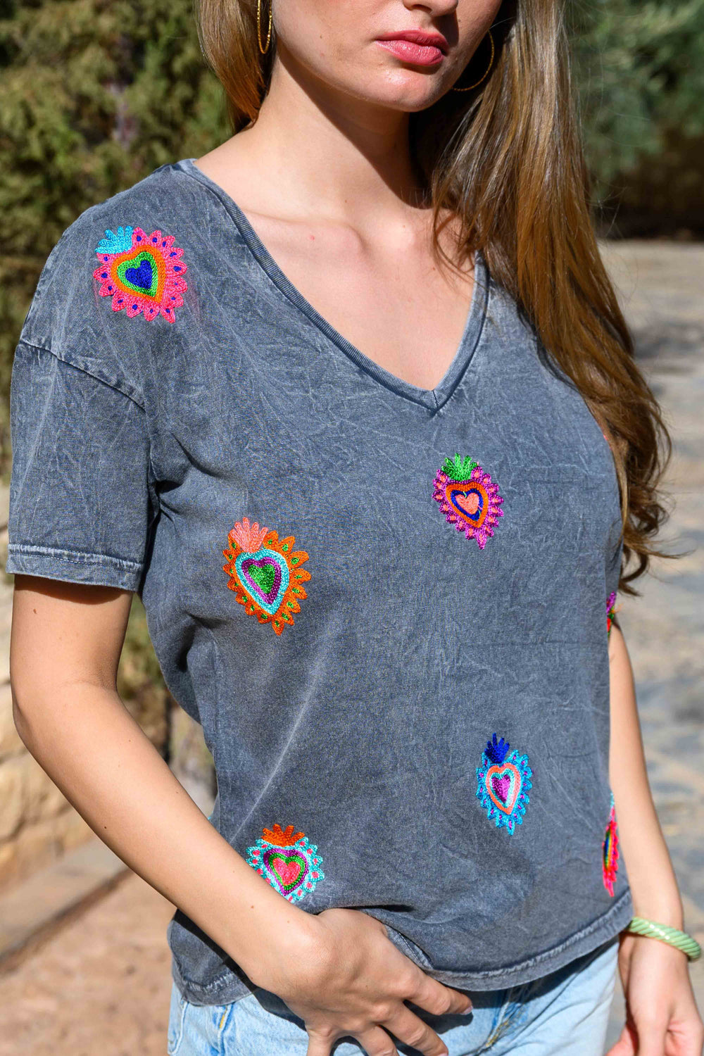 T-shirt brodé cœurs Mino - Taille unique: 36 au 42 / Gris