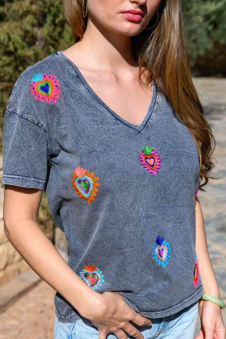 T-shirt brodé cœurs Mino - Taille unique: 36 au 42 / Gris