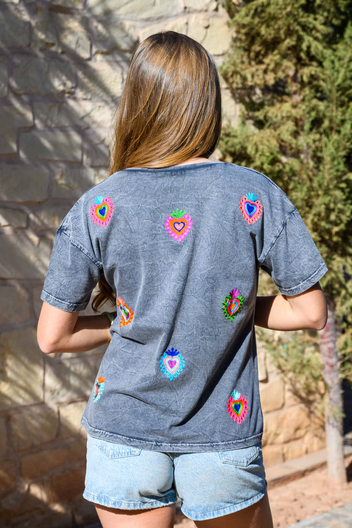 T-shirt brodé cœurs Mino - Taille unique: 36 au 42 / Gris