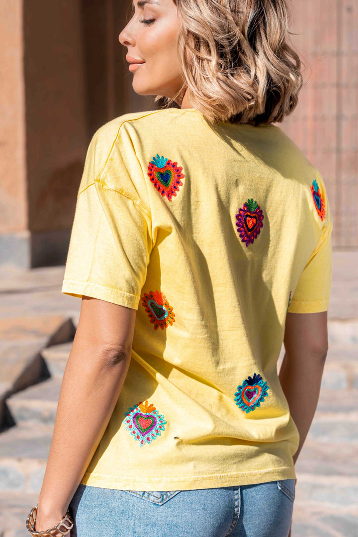 T-shirt brodé cœurs Mino - Taille unique: 36 au 42 / Jaune