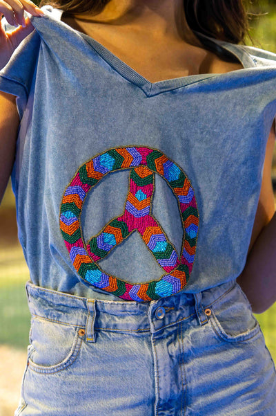 T-shirt col V perlé Hippie - Taille unique / Bleu