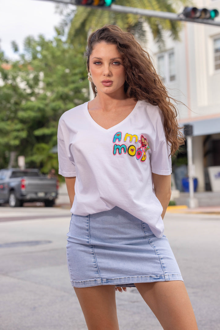 T-shirt Fluide à Message Brodé Amore - Taille unique: 36