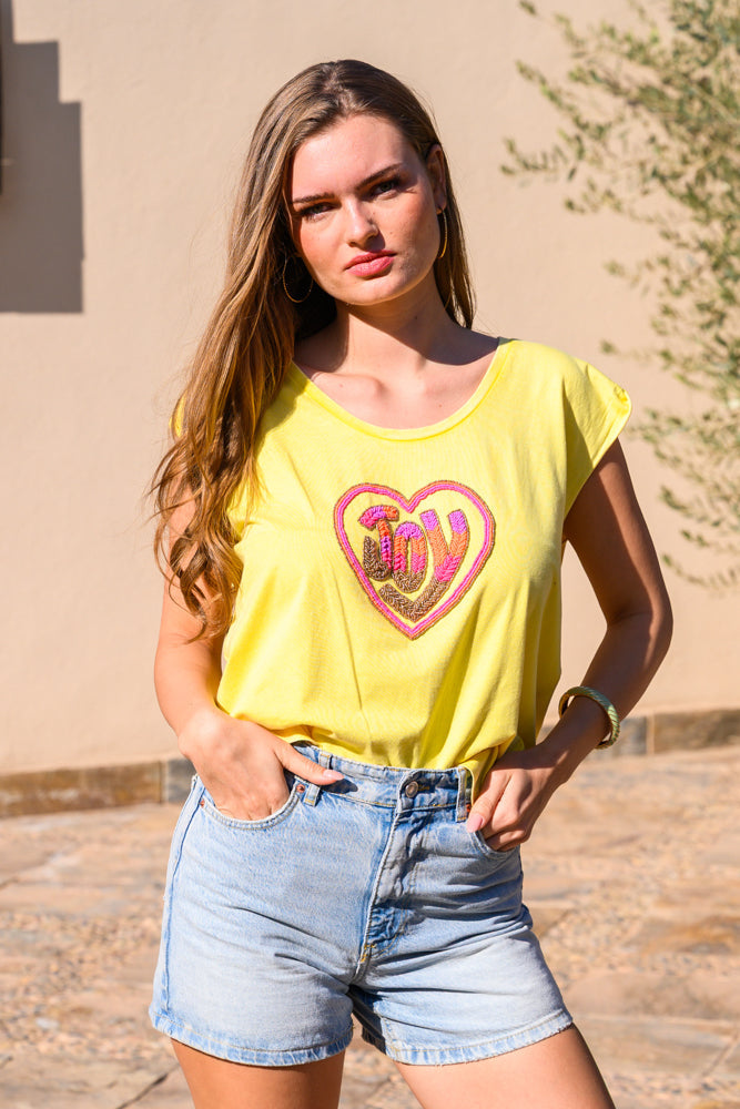 T-shirt fluide perlé Joy - Taille unique: 36 au 42 / Jaune