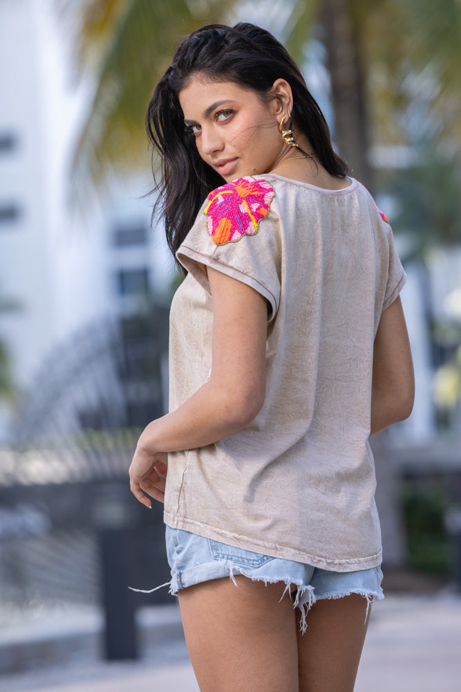 T-shirt fluide perlé Live - Taille unique: 36 au 42 / Camel