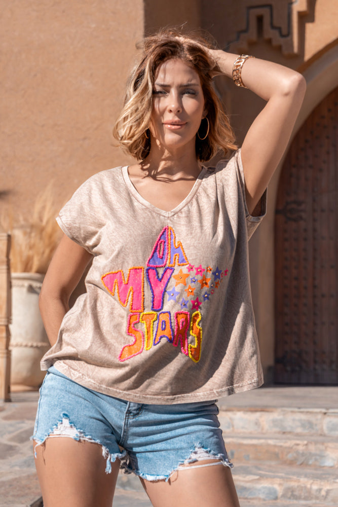 T-shirt fluide perlé Myma - Taille unique: 36 au 42 / Camel