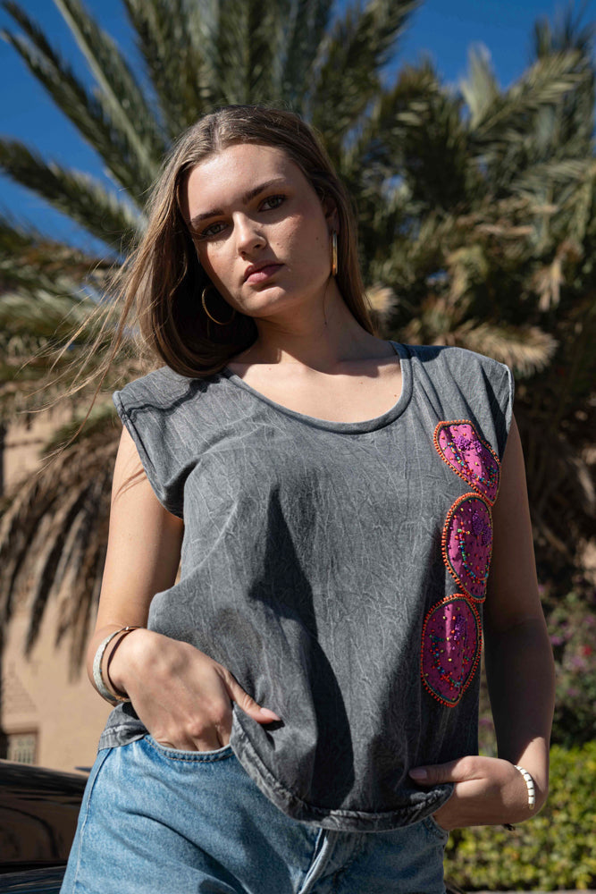 T-shirt fluide perlé Soly - Taille unique: 36 au 42 / Gris