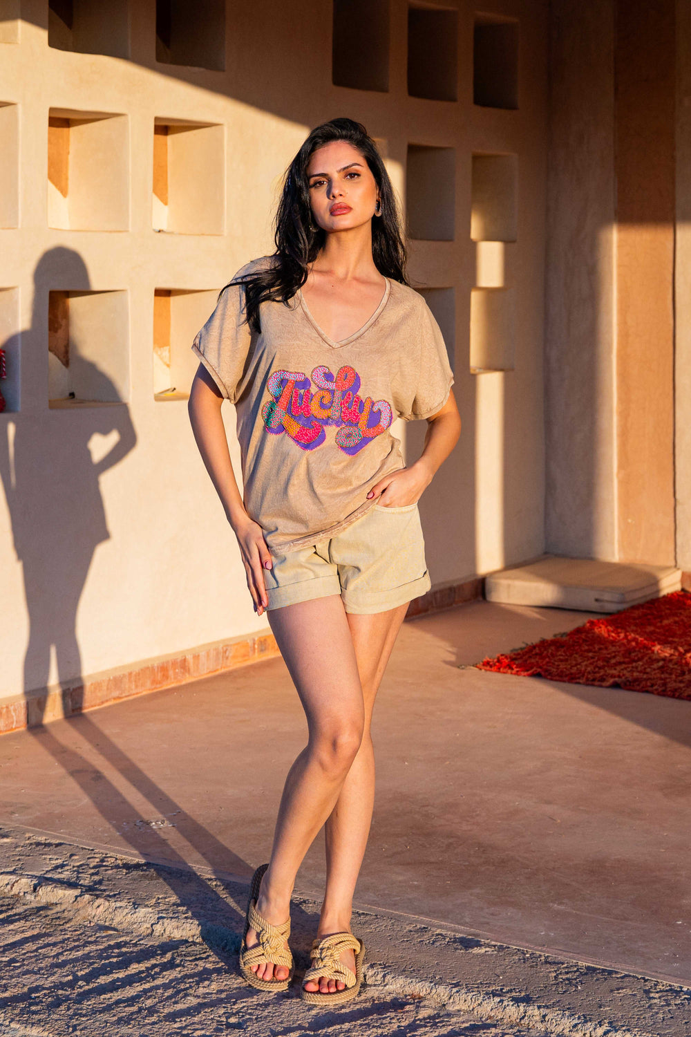 T-shirt perlé Lucky - Taille unique: 36 au 40 / Camel