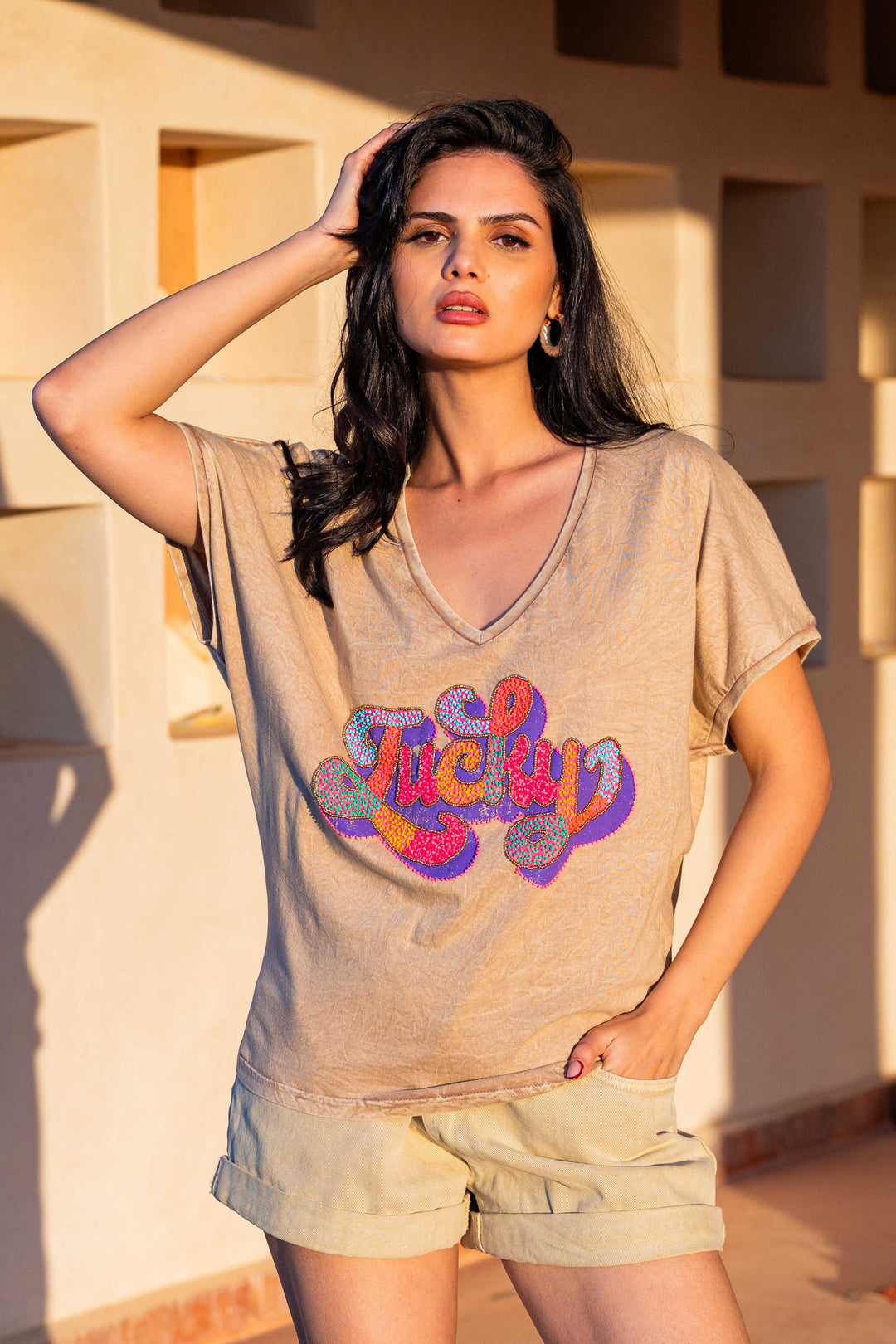 T-shirt perlé Lucky - Taille unique: 36 au 40 / Camel