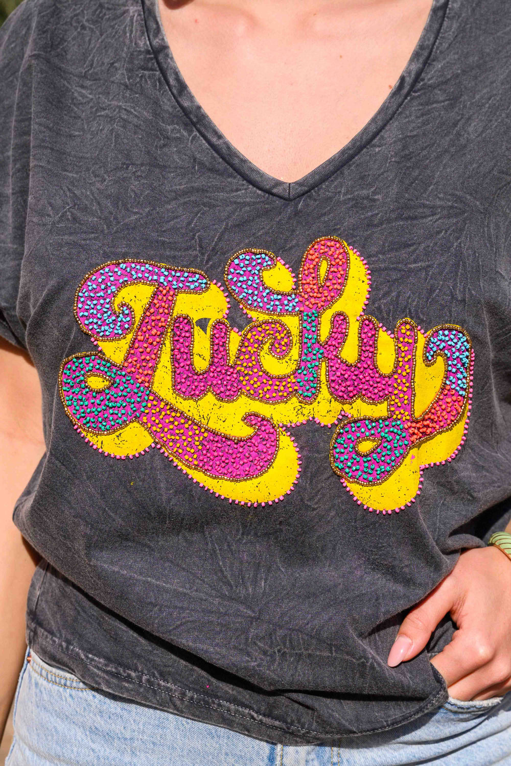 T-shirt perlé Lucky - Taille unique: 36 au 40 / Gris délavé