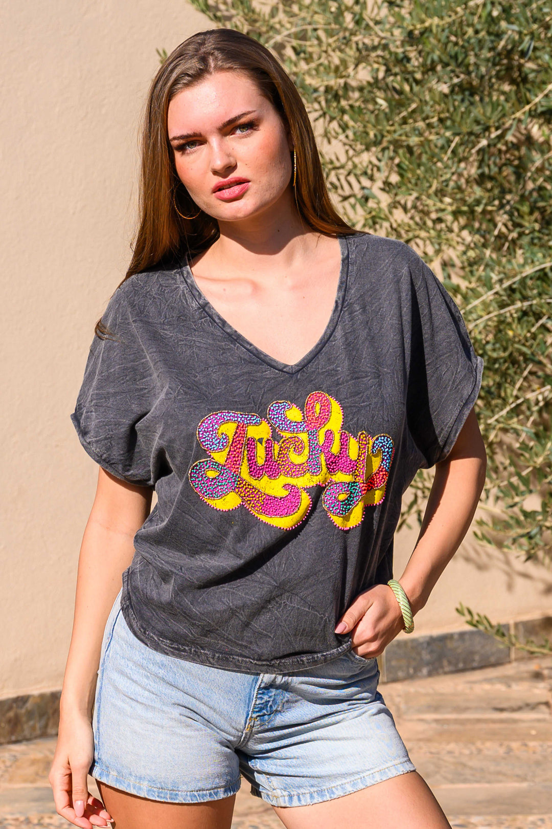T-shirt perlé Lucky - Taille unique: 36 au 40 / Gris délavé