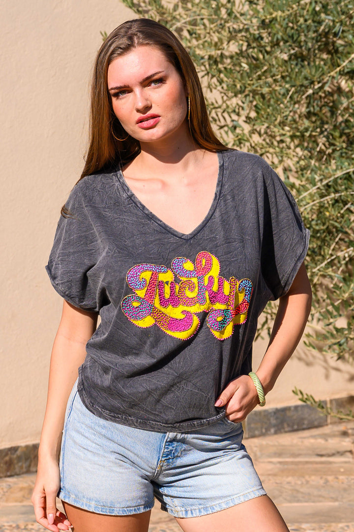 T-shirt perlé Lucky - Taille unique: 36 au 40 / Gris délavé