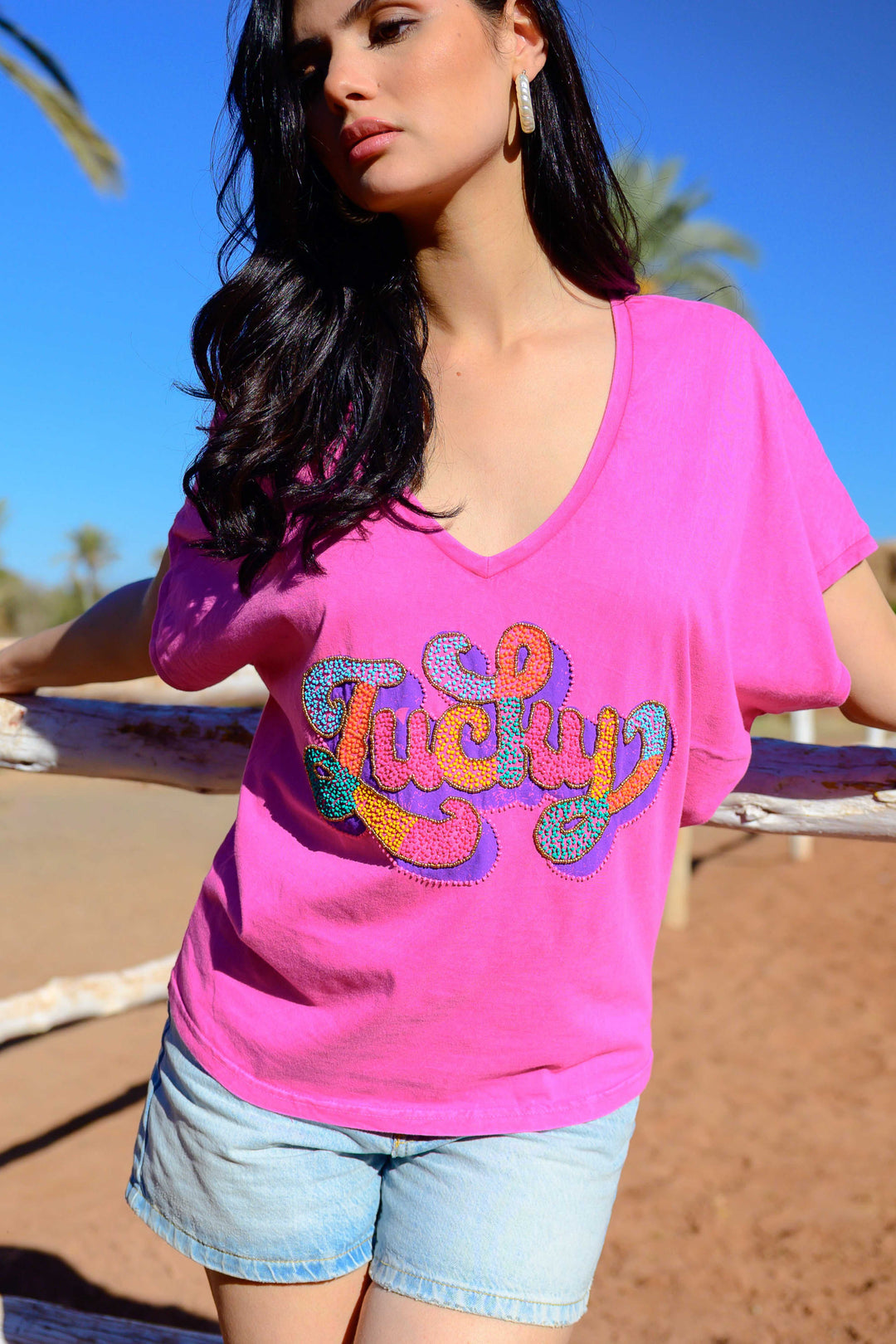 T-shirt perlé Lucky - Taille unique: 36 au 40 / Rose délavé