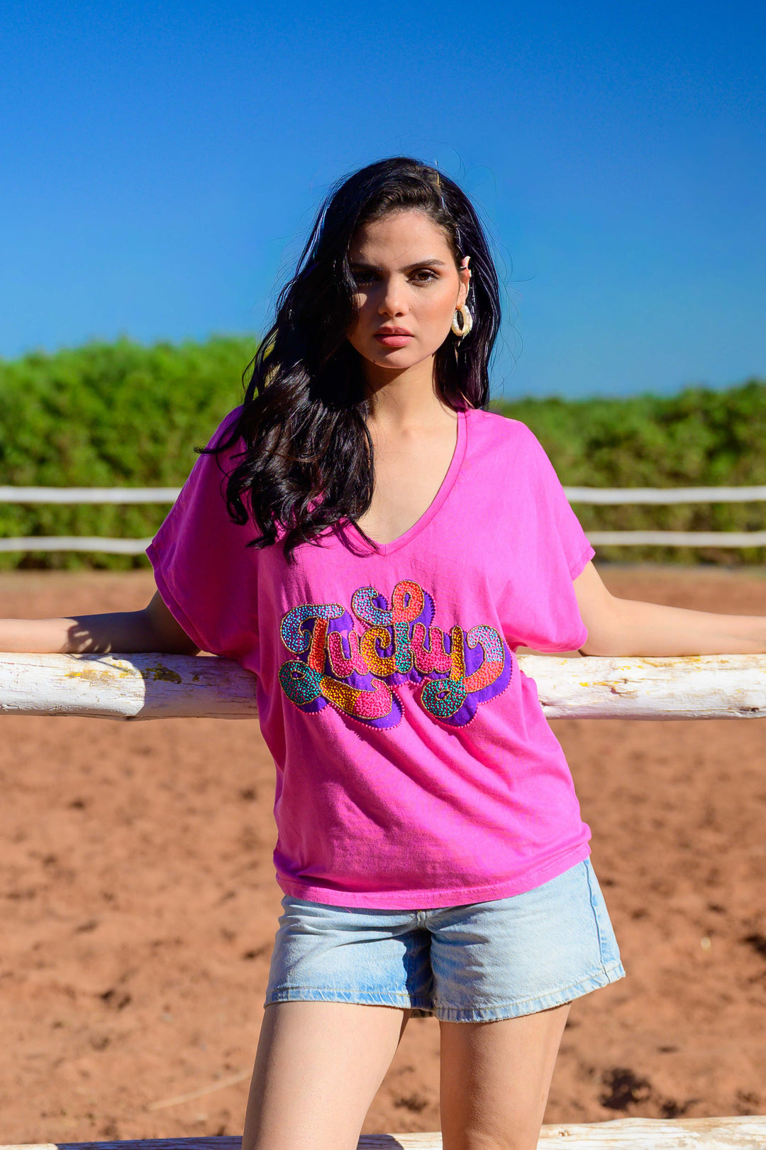 T-shirt perlé Lucky - Taille unique: 36 au 40 / Rose délavé