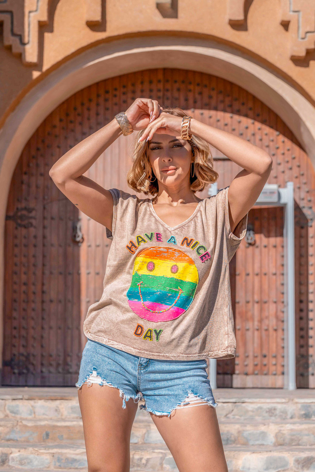 T-shirt Smiley perlé Rio - Taille unique: 36 au 42 / Camel