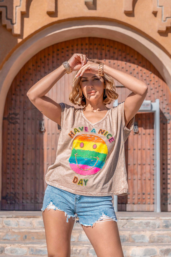 T-shirt Smiley perlé Rio - Taille unique: 36 au 42 / Camel