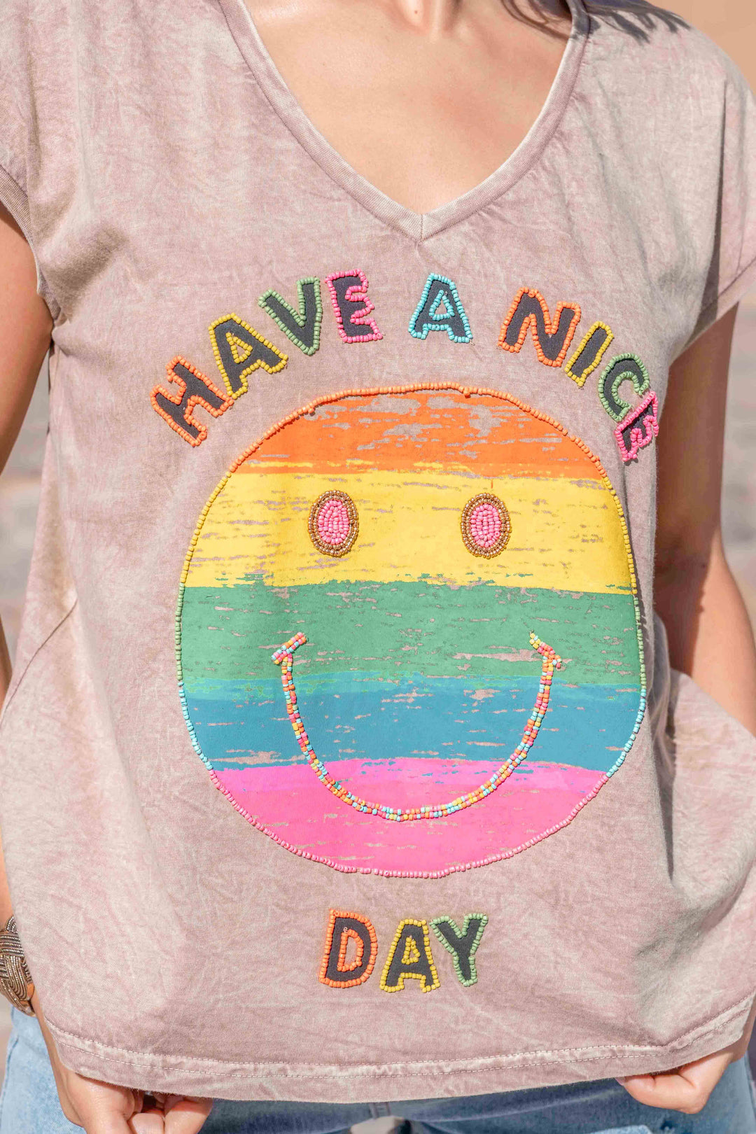 T-shirt Smiley perlé Rio - Taille unique: 36 au 42 / Camel