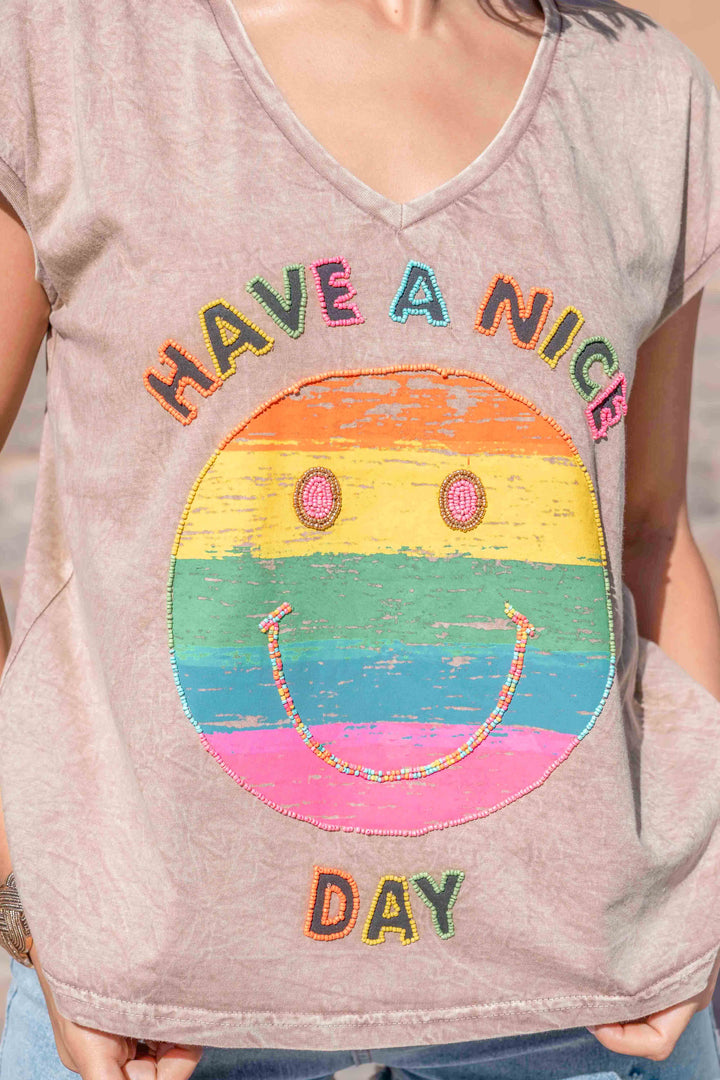 T-shirt Smiley perlé Rio - Taille unique: 36 au 42 / Camel