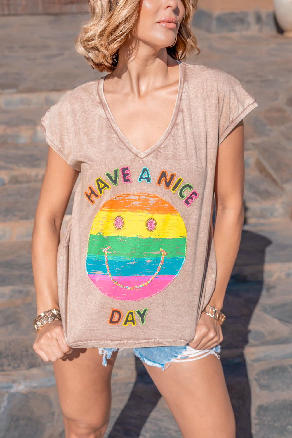 T-shirt Smiley perlé Rio - Taille unique: 36 au 42 / Camel