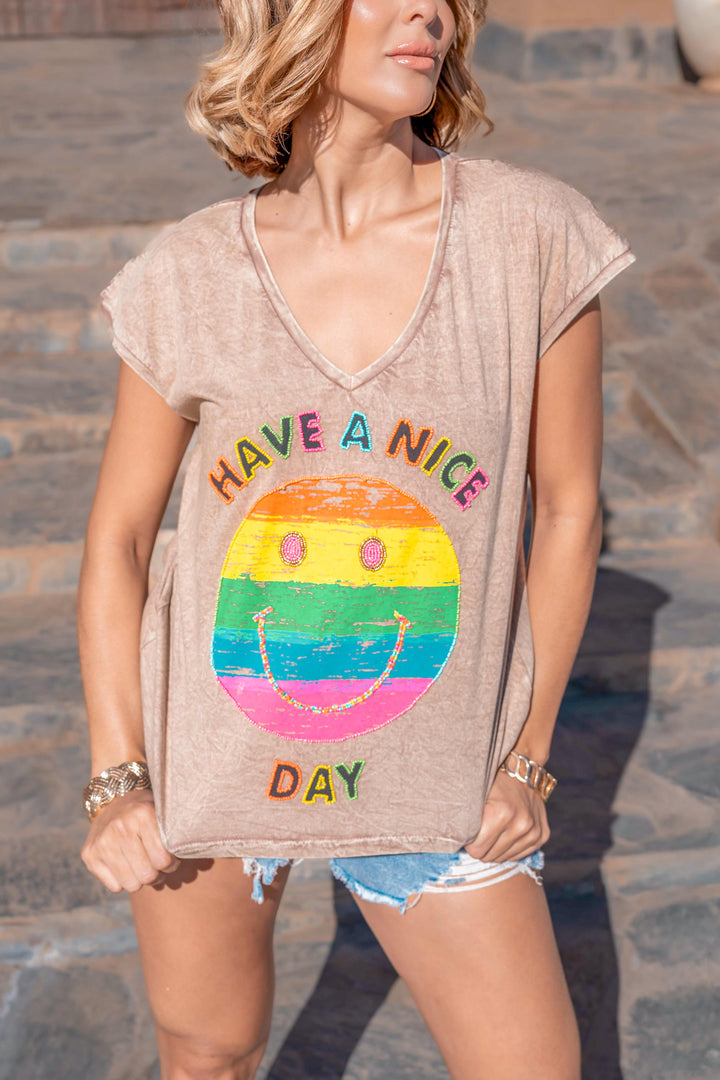 T-shirt Smiley perlé Rio - Taille unique: 36 au 42 / Camel