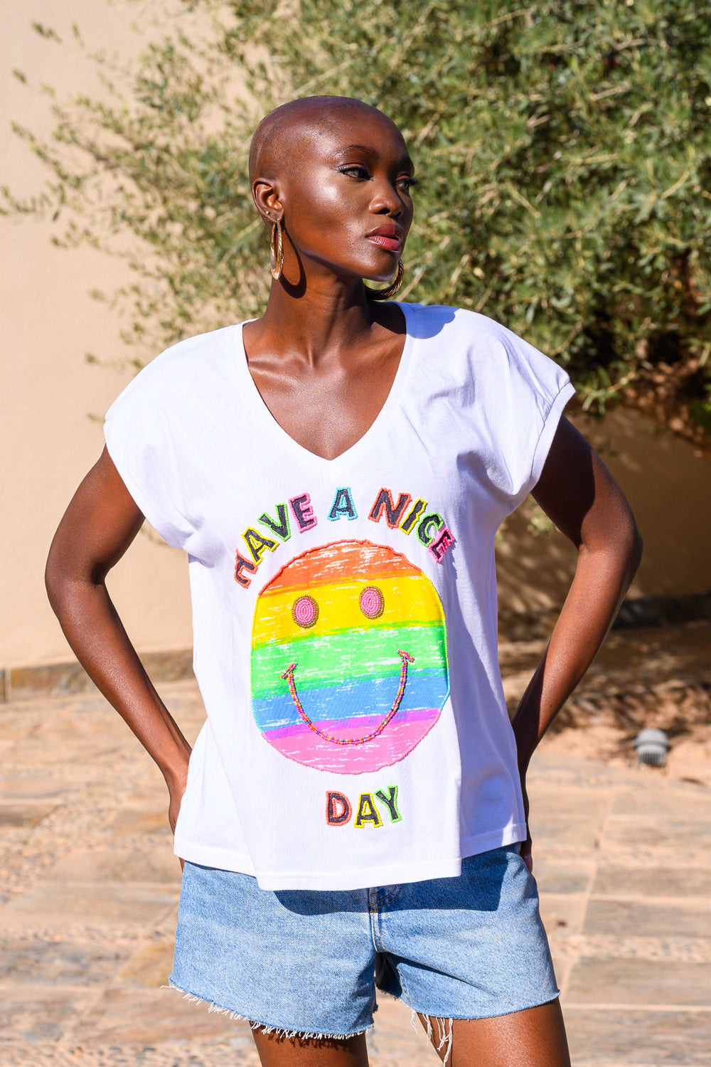 T-shirt Smiley perlé Rio - Taille unique: 36 au 42 / Ecru