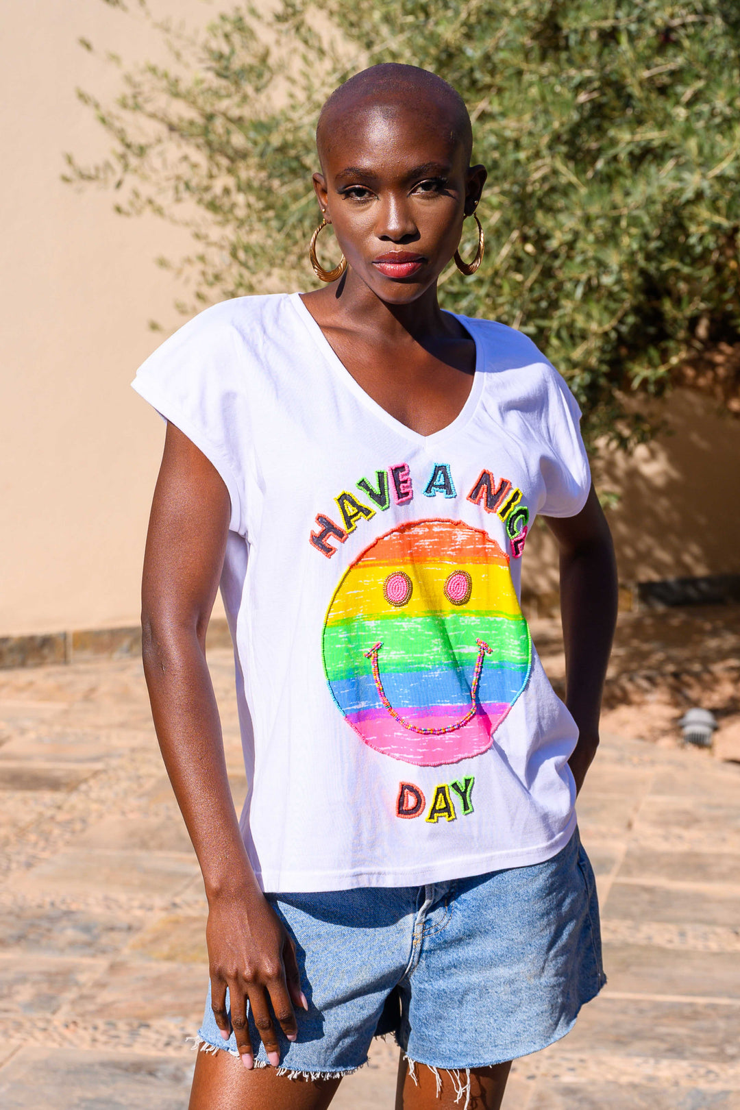 T-shirt Smiley perlé Rio - Taille unique: 36 au 42 / Ecru