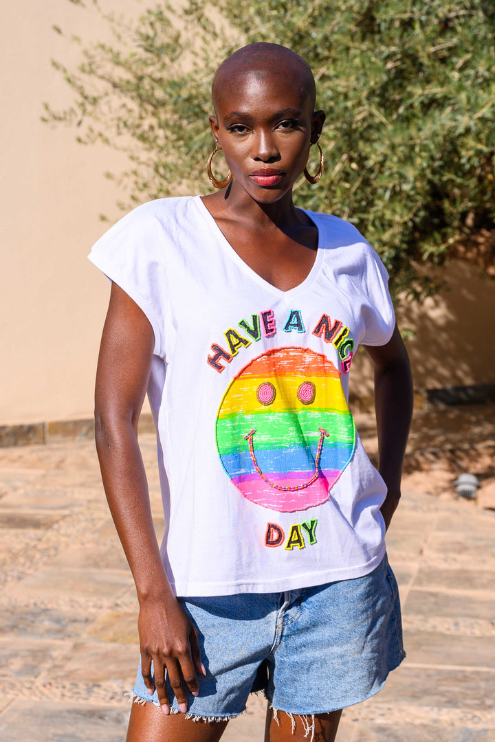 T-shirt Smiley perlé Rio - Taille unique: 36 au 42 / Ecru