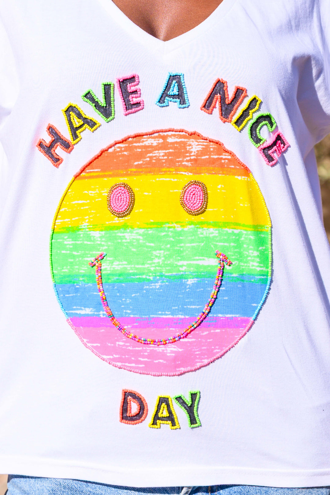 T-shirt Smiley perlé Rio - Taille unique: 36 au 42 / Ecru