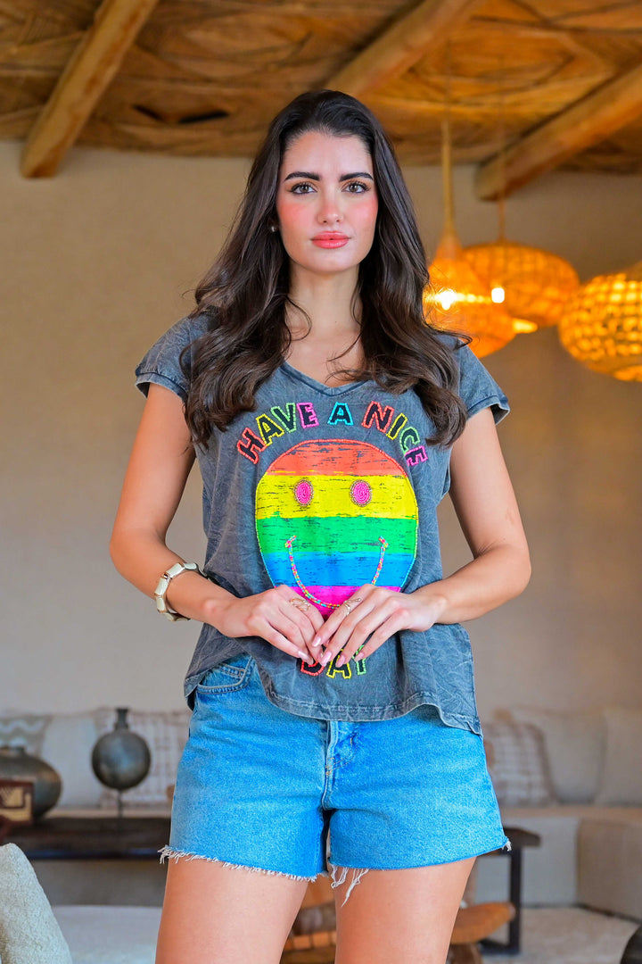 T-shirt Smiley perlé Rio - Taille unique: 36 au 42 / Gris