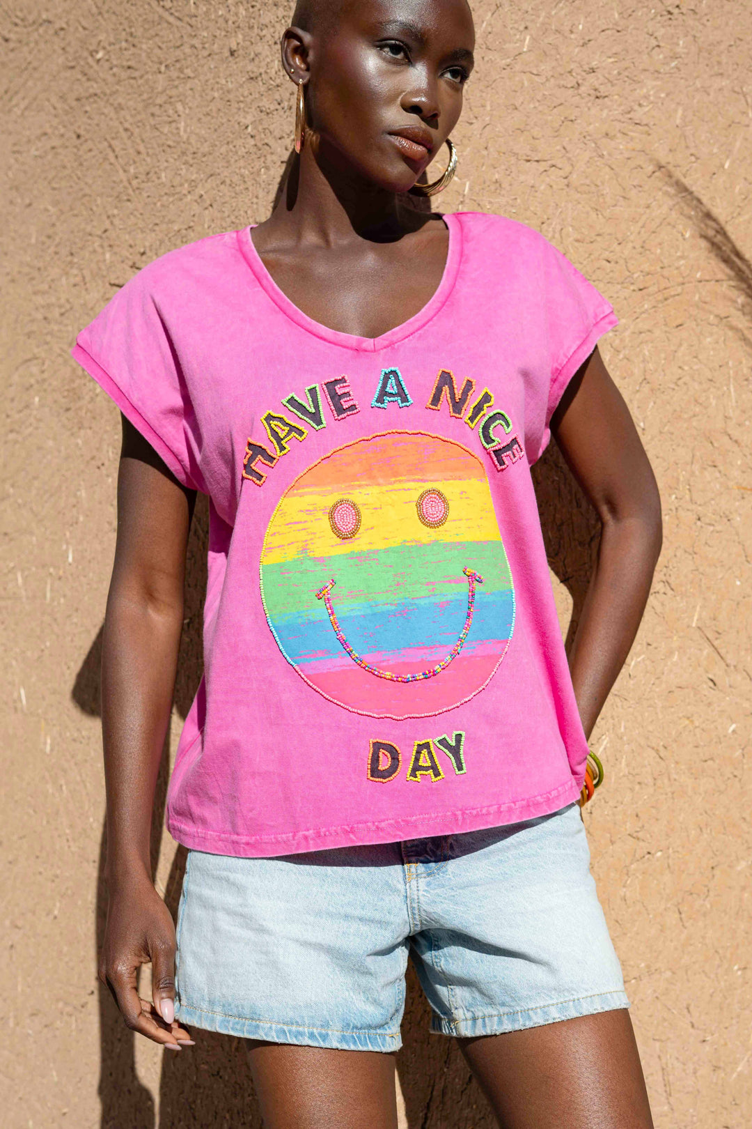 T-shirt Smiley perlé Rio - Taille unique: 36 au 42 / Rose