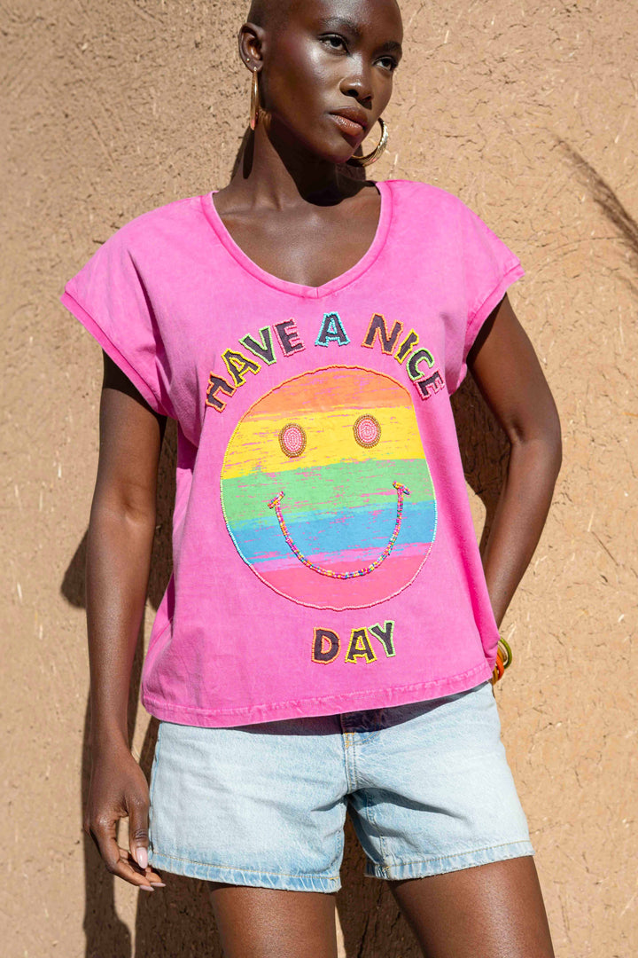 T-shirt Smiley perlé Rio - Taille unique: 36 au 42 / Rose