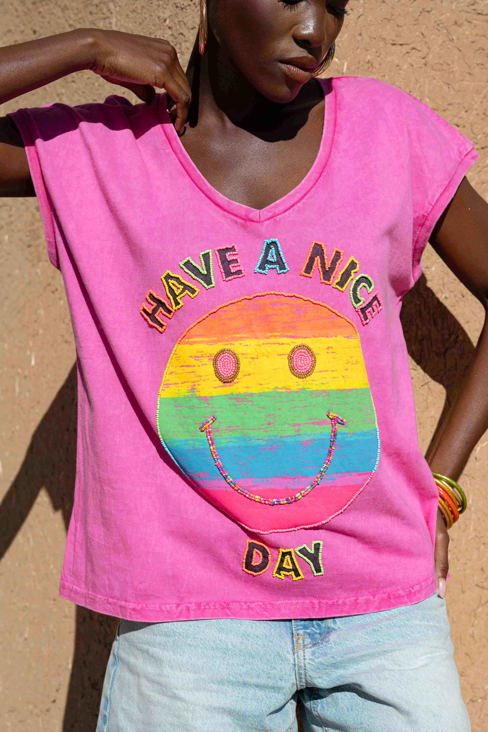 T-shirt Smiley perlé Rio - Taille unique: 36 au 42 / Rose