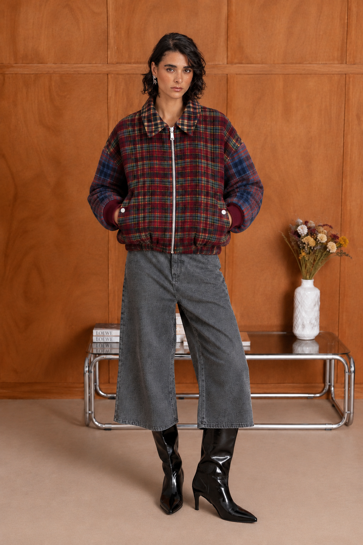 Veste à carreaux Patch zippée Maggie - Taille Unique: 34-40