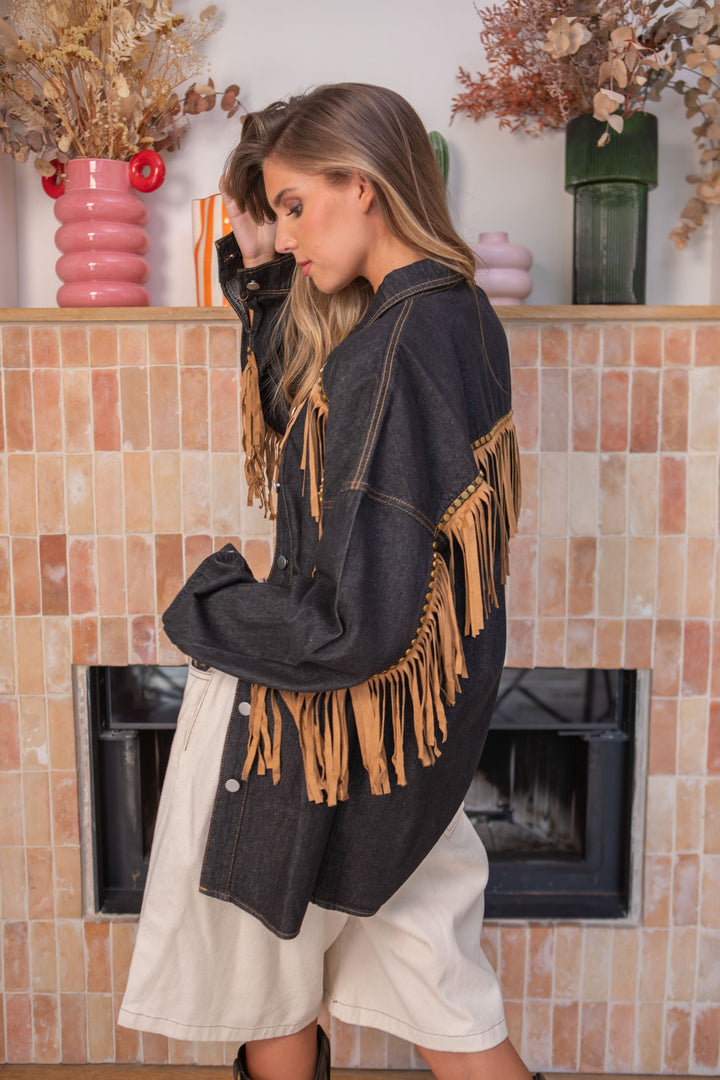 Veste chemise en jean oversize à franges Sophia Manteaux