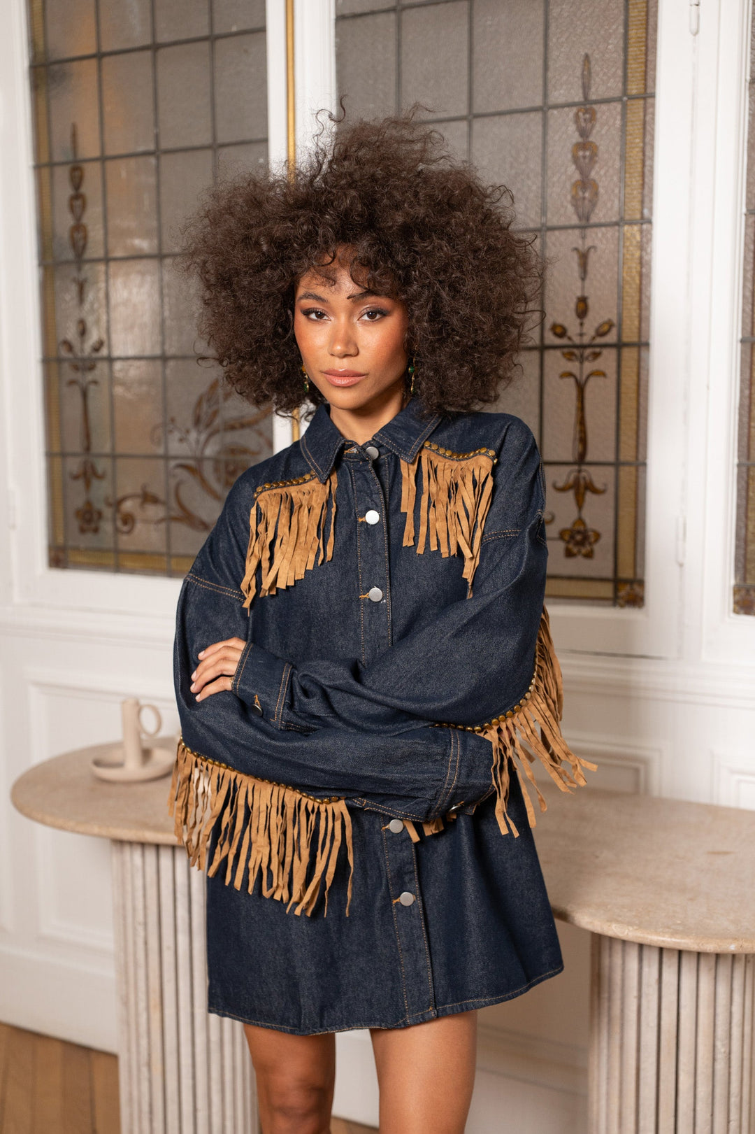 Veste chemise en jean oversize à franges Sophia Manteaux