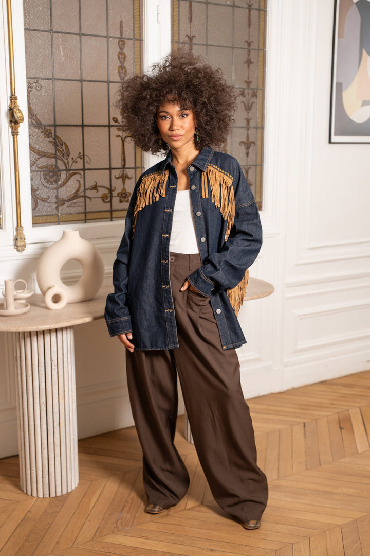 Veste chemise en jean oversize à franges Sophia Manteaux