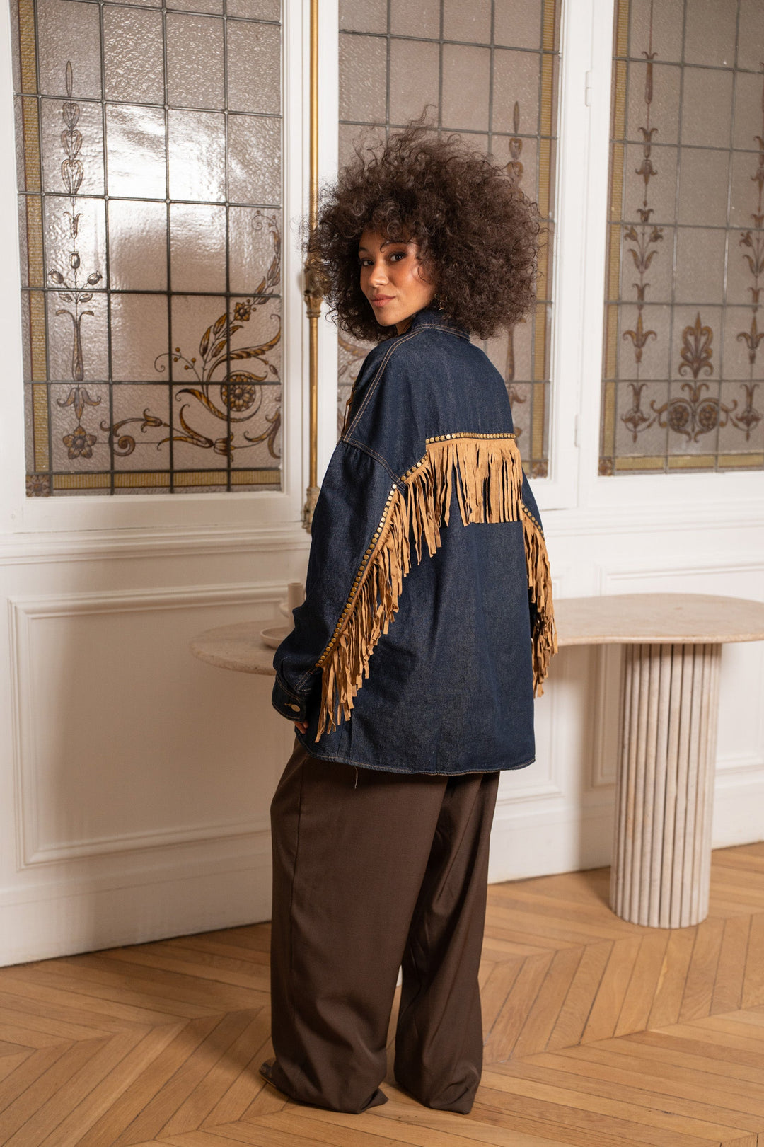 Veste chemise en jean oversize à franges Sophia Manteaux