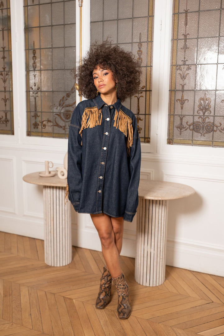 Veste chemise en jean oversize à franges Sophia Manteaux