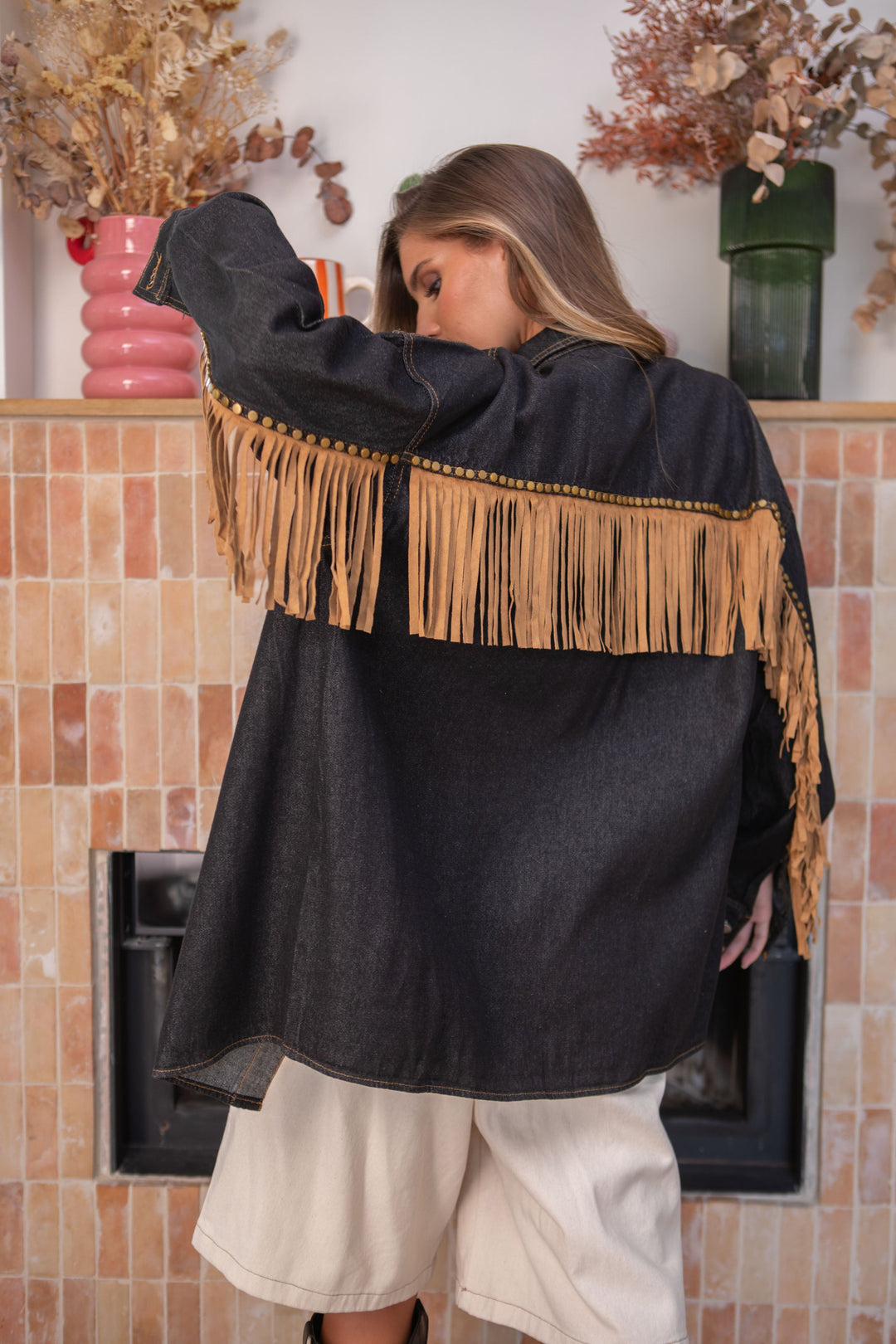 Veste chemise en jean oversize à franges Sophia Manteaux