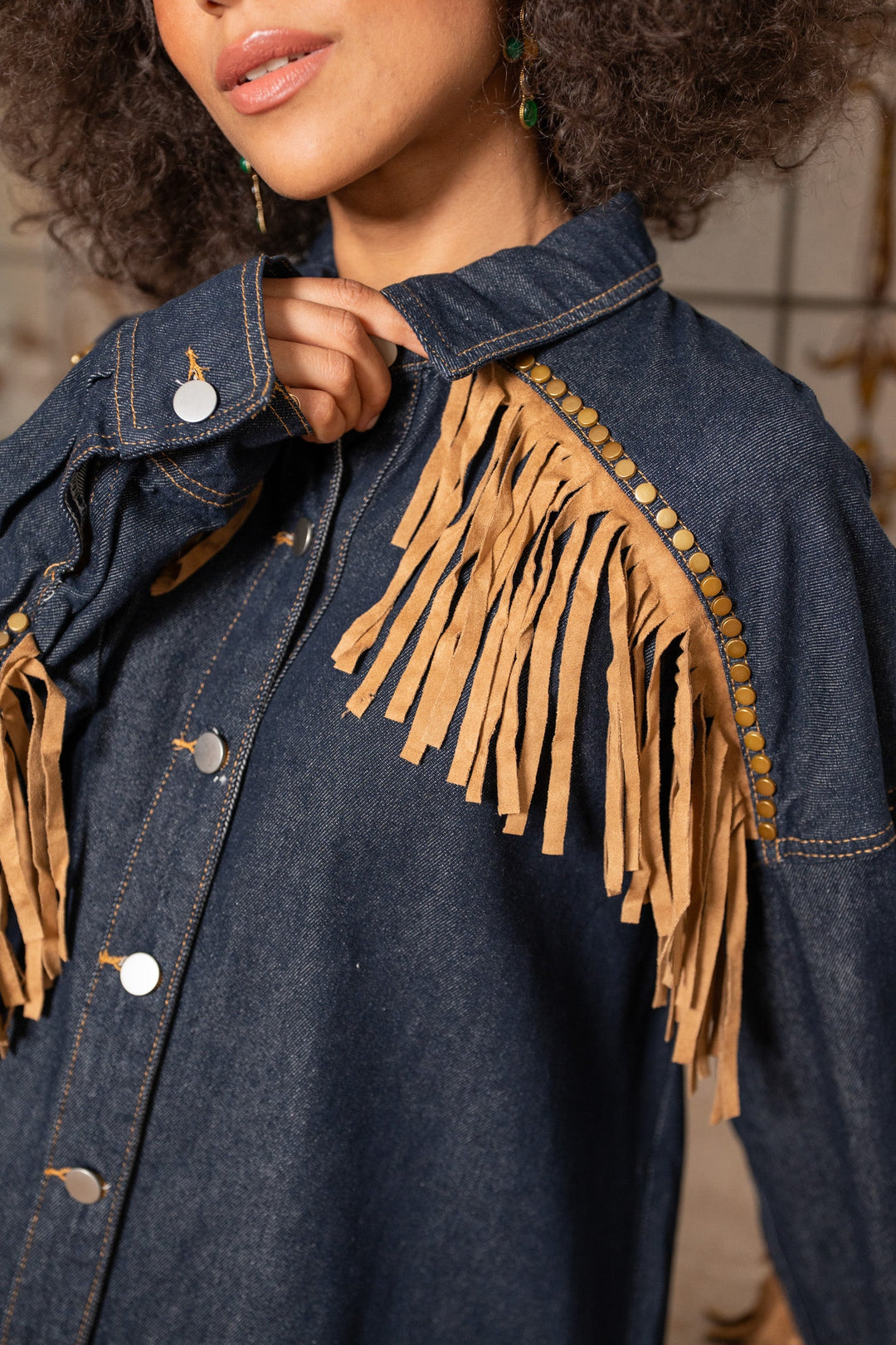 Veste chemise en jean oversize à franges Sophia Manteaux