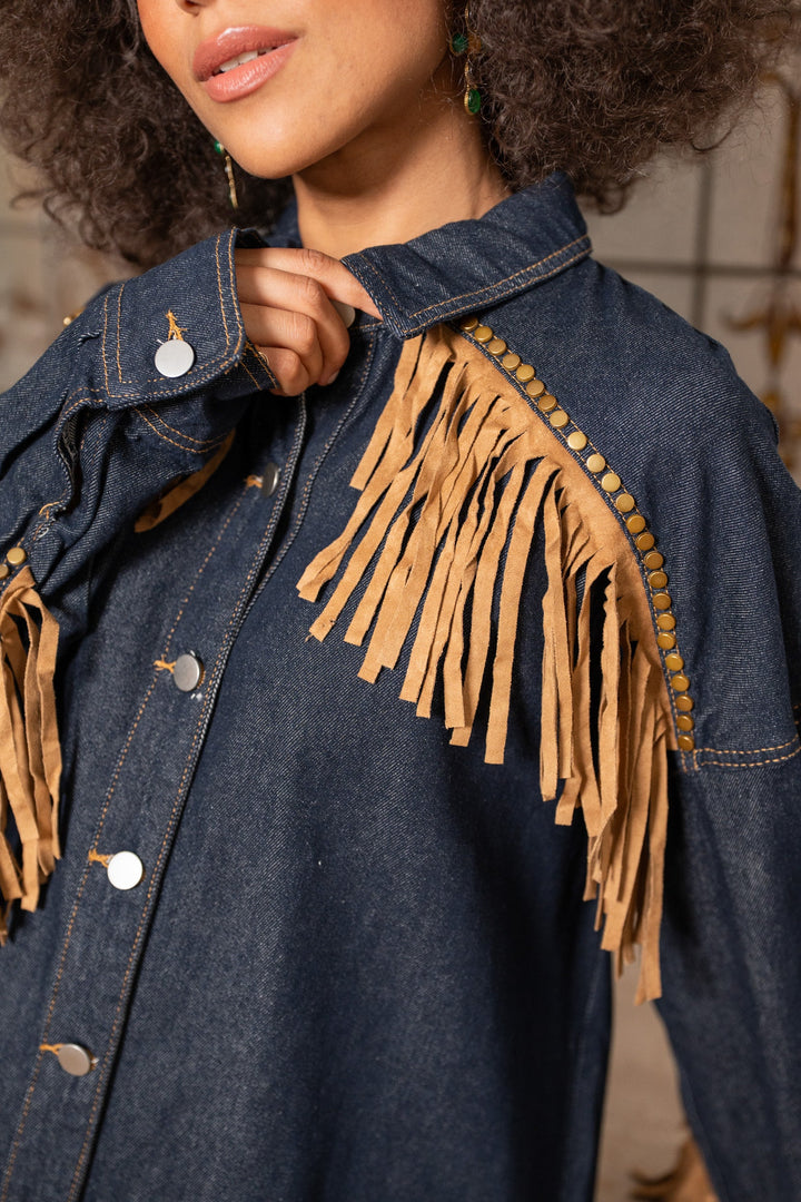Veste chemise en jean oversize à franges Sophia Manteaux