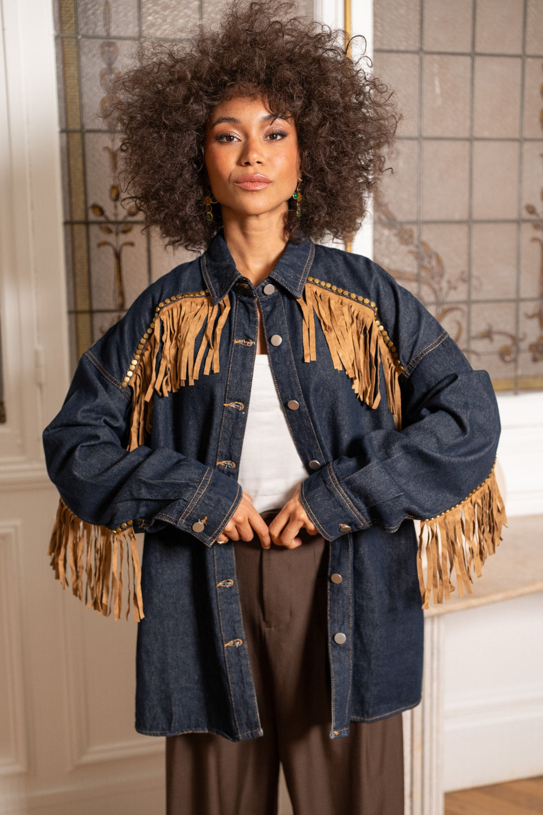 Veste chemise en jean oversize à franges Sophia Manteaux